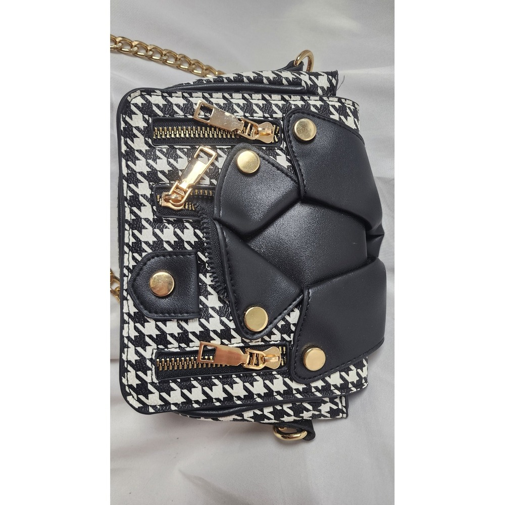 Houndstooth Punk Biker Moto Jacket Crossbody Bag Black White Gold Chain Strap